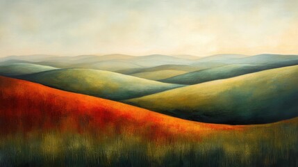 Landscapes of rolling hills with vibrant orange and soothing green hues capturing the tranquility of nature\'s beauty