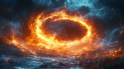 Obraz premium Fiery dragon flying in circles over a glowing landscape teamwork emotional image concept