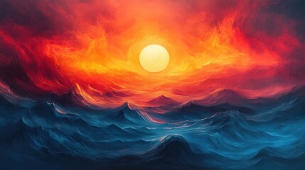 Breathtaking sunset casts vibrant hues over turbulent ocean waves, creating a dramatic and mesmerizing atmosphere