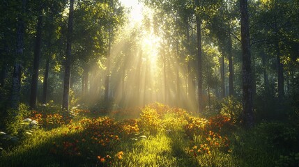 Obraz premium Sunlight Rays in Green Forest