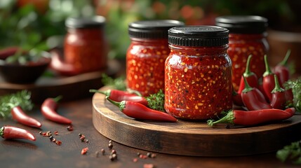 Rich, red chili sauce fills jars on a board with fresh peppers and herbs, evoking warmth