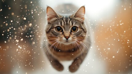 A playful tabby cat jumps through snowflakes, its vibrant fur glowing against the soft snow