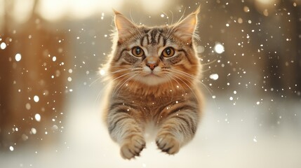A playful cat jumps gracefully amidst swirling snowflakes, glowing in the warm winter light