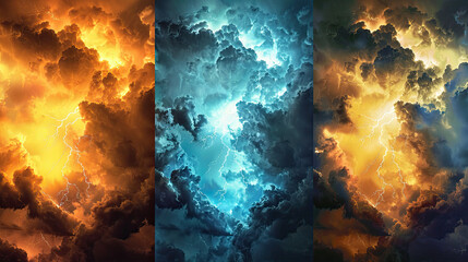 Three vertical images of thunderclouds with lightning, each in different colors