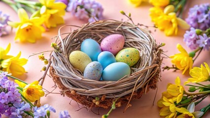 A rustic bird's nest brimming with colorful Easter eggs, nestled amidst a delicate arrangement of vibrant yellow daffodils and soft purple blooms.