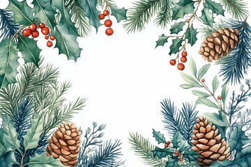 Naklejka premium Watercolor christmas frame with holly, berries, and pine cones