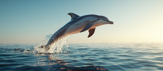 Naklejka premium Dolphin leaping from ocean water at sunset.