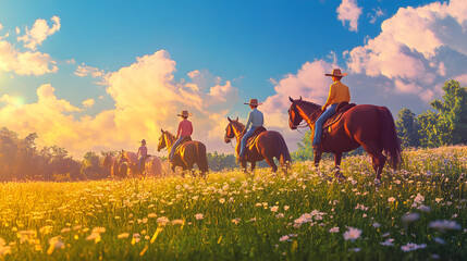 A Vibrant Farm Scene: A Young Farmer Teaching Enthusiastic Children to Ride Horses Under a Beautiful Sky and Lush Greenery