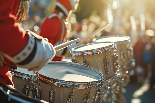 Close-up of marching band drummers mid-motion in parade.