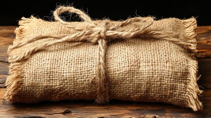 A burlap-wrapped package is carefully tied with twine, exuding rustic charm on a wooden surface