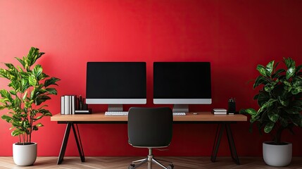 Red wall office with dual monitors, plants, and desk.