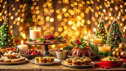 Naklejka premium Festive Food Photography with Golden Bokeh Background and Christmas Glowing Lights for Holiday Decorative Effect in a Cheerful Festive Banner Setting