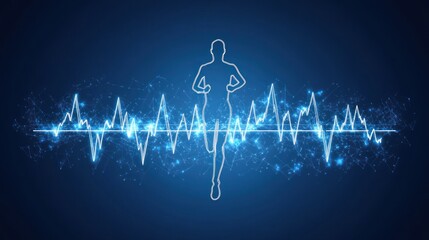 Silhouette of a runner in motion overlaid with a glowing heartbeat pattern in blue tones
