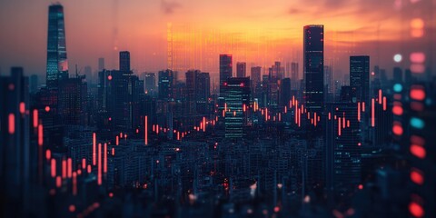 Fototapeta premium A vibrant city skyline at sunset with data visualization overlays, symbolizing finance and technology.