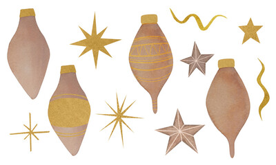 Сhristmas tree decorations set, peach and gold ornaments, christmas balls, Сhristmas stars, holiday decor
