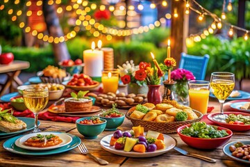 Festive Restaurant Party Table Overflowing with Diverse Cuisines and Colorful Dishes, Perfect for Celebrations and Social Gatherings, Inviting Atmosphere with Delicious Food Presentation
