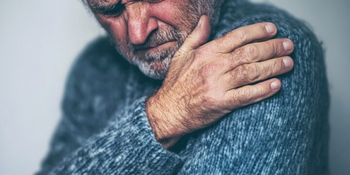 An Elderly Man is Experiencing Persistent Shoulder Pain While Wearing a Cozy Sweater