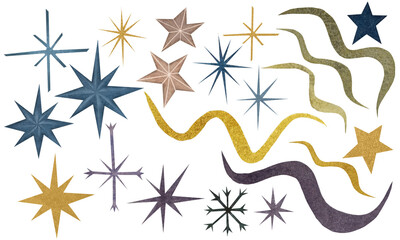 Hand-painted watercolor stars, snowflakes, and ribbons in blue, pink, purple, and gold - holiday clipart Set