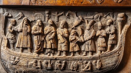 Intricate Wooden Ship Relief Carving