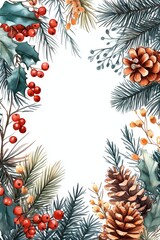 Fototapeta premium Watercolor christmas frame with pine cones, holly berries, and pine branches