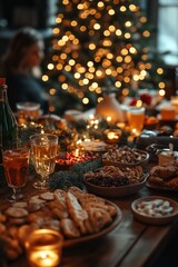 Obraz premium Christmas dinner table setting with festive food, drinks and decor, celebrating with warmth and joy