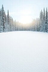 peaceful snowy clearing surrounded by dense winter forest with sunlight breaking through casting soft golden highlights