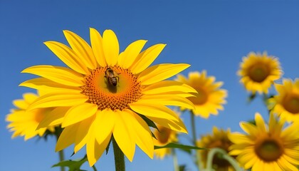 Fototapeta premium Close-Up of Vibrant Sunflower with Honeybee and Blue Sky