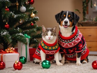 Cat and Dog in Christmas Sweaters