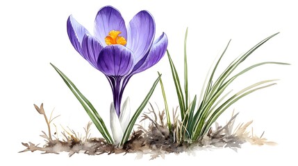 Naklejka premium Vibrant Purple Crocus Blooming Amidst Fresh Green Grass with Visible Soil and Natural Landscape Background Captured in Beautiful Watercolor Style