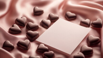 Fototapeta premium Chocolate Heart Candies on Pink Satin with Blank Card