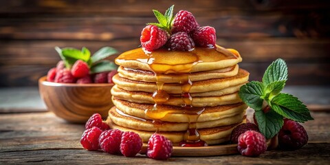 Fluffy Pancakes with Raspberries and Honey: A Perfectly Delicious Breakfast Meal to Start Your Day with Flavor and Freshness in Every Bite