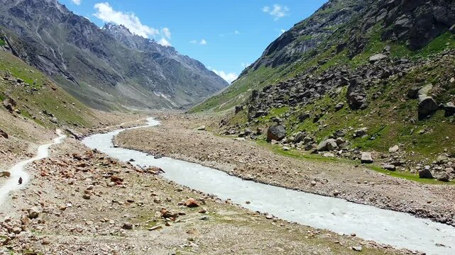 Beautiful aerial view of himalayan mountain at jilang with chenab river in lahaul, gramphu-batal-kaza road himachal pradesh, India