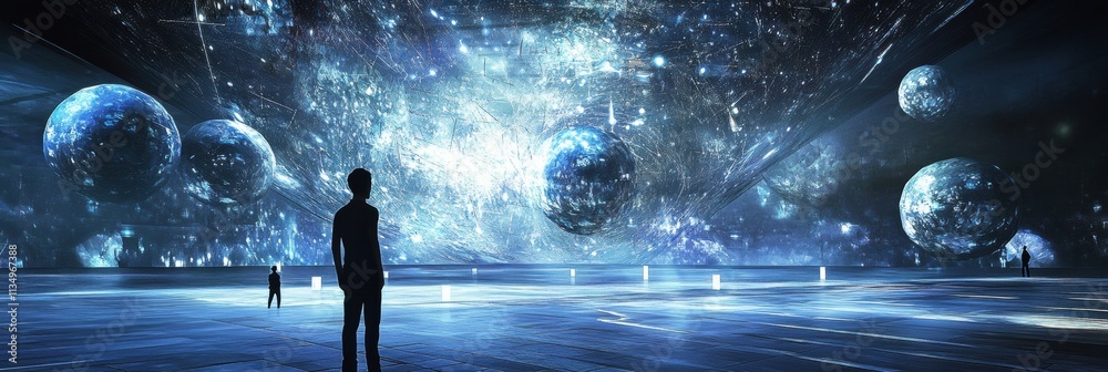 Poster Visitors engage with imaginative digital artworks in a vast cosmic gallery, enriched by virtual avatars and stunning visual displays. Generative AI