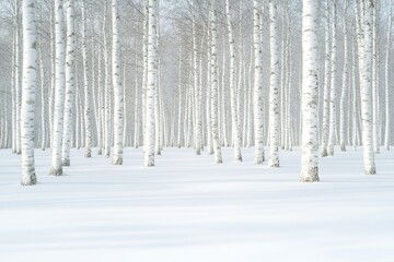 quiet grove of birch trees with their white bark blending seamlessly into snowy ground creating striking monochromatic