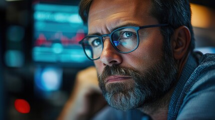 Obraz premium A focused man with glasses gazes intently at screens displaying data, reflecting a serious and analytical atmosphere.