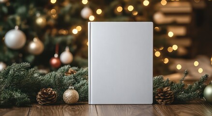 Fototapeta premium A blank notebook rests on a wooden surface, surrounded by festive decorations.