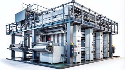 Four-Section Offset Printing Machine Isolated on White Background for Urban Exploration Photography, Showcasing Industrial Design and Functionality in a Modern Print Production Environment