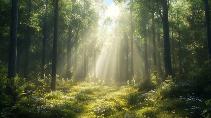 Sunlight Rays in Green Forest