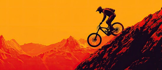 Mountain biker ascending steep slope at sunset.