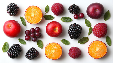 Summer Fruit Flatlay: A vibrant flatlay showcasing an assortment of fresh summer fruits – plums, raspberries, blackberries, and mandarin orange slices artfully arranged with fresh mint leaves.