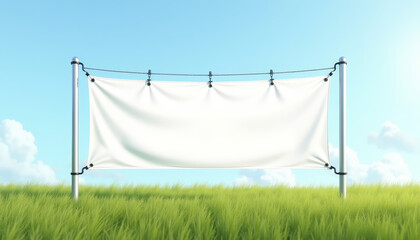 Vinyl banner mockup, empty advertising space, grassy field setting, bright sky, copy space