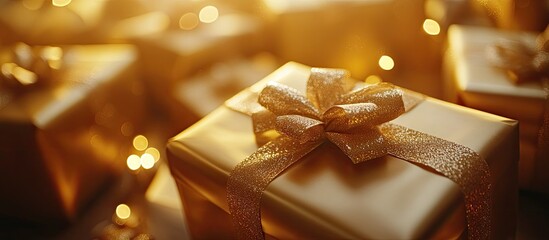 Luxurious gold gift boxes with shimmering bows under warm lighting.