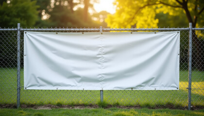Vinyl banner mockup, empty advertising space, chain-link fence setting, sunset lighting, copy space