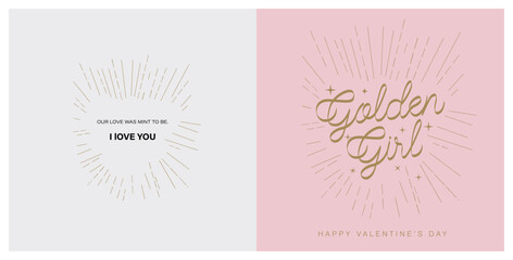 Happy Valentine's Day Gift Card with Golden girl  Typography and heart. 14th February.