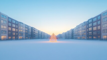 Fototapeta premium snowy plaza surrounded by tall modern buildings glowing with neon holiday lights with central illuminated christmas