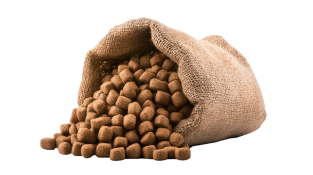 A burlap sack filled with brown pellets. transparent background