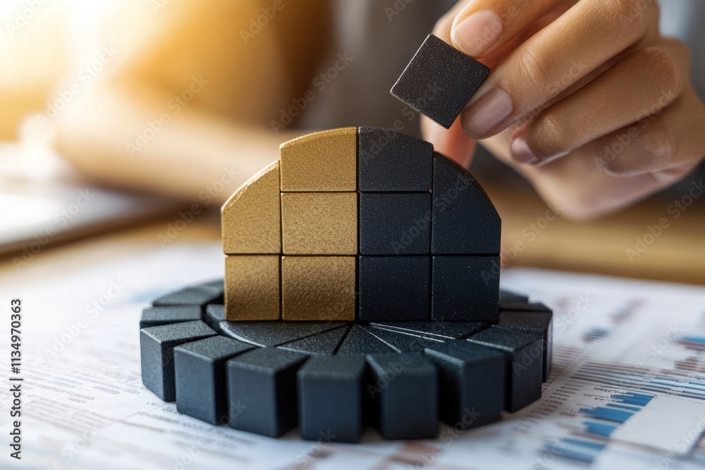 Poster Woman's hand placing a black block onto a gold and black block structure representing growth and progress.