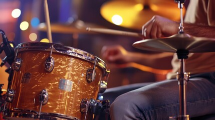 Obraz premium Drummer playing energetically in a recording studio