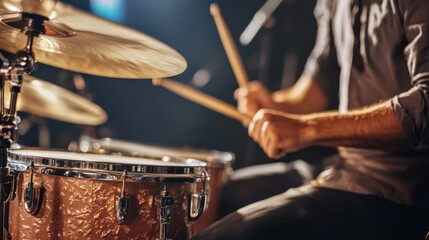 Naklejka premium Drummer playing energetically in a recording studio
