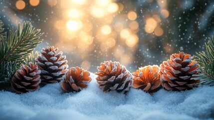 Pinecones dusted with snow rest on a blanket of white, illuminated by warm winter sunlight